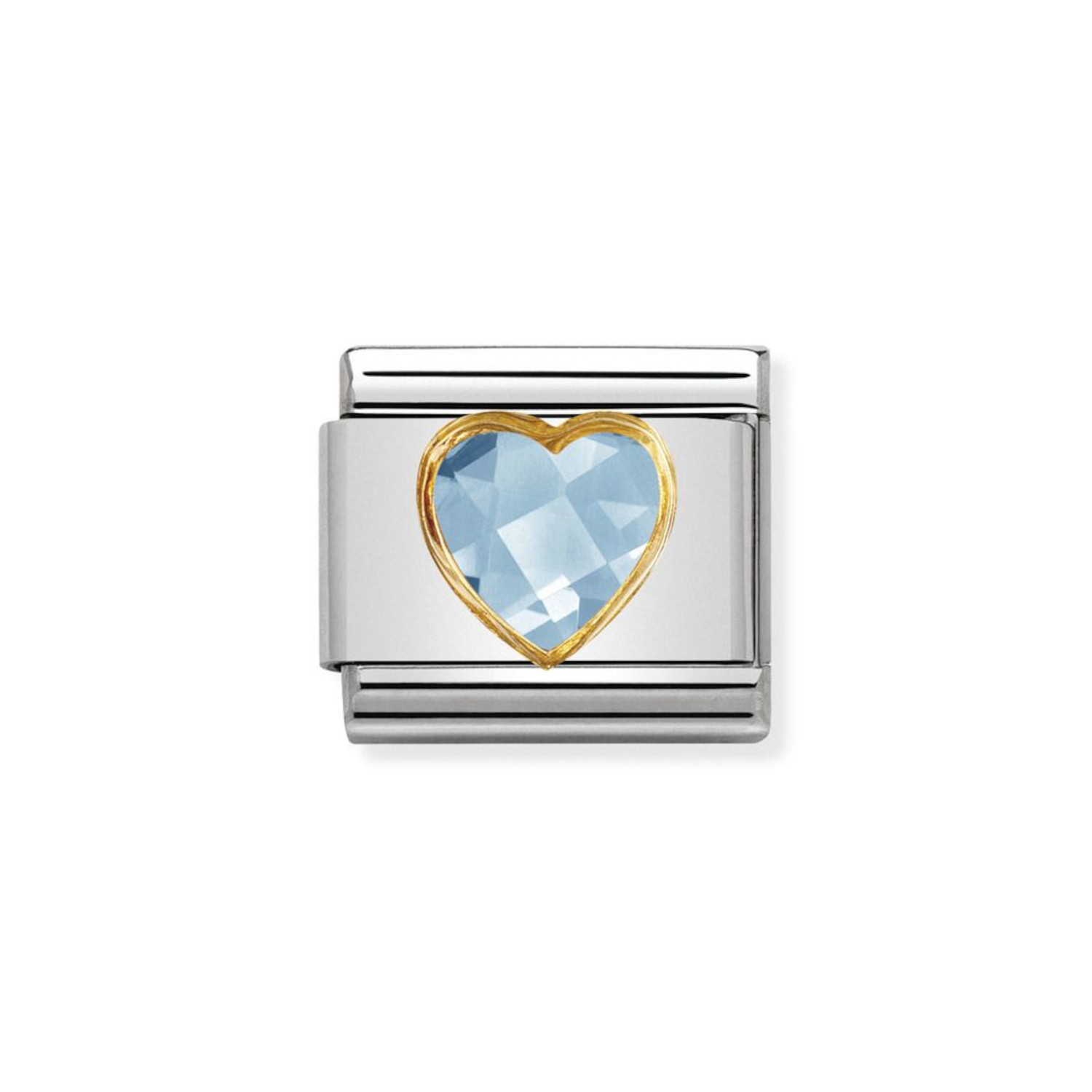 NOMINATION COMPOSABLE CLASSIC LINK IN 18K GOLD WITH MULTIFACETED LIGHT BLUE HEART 030610/006