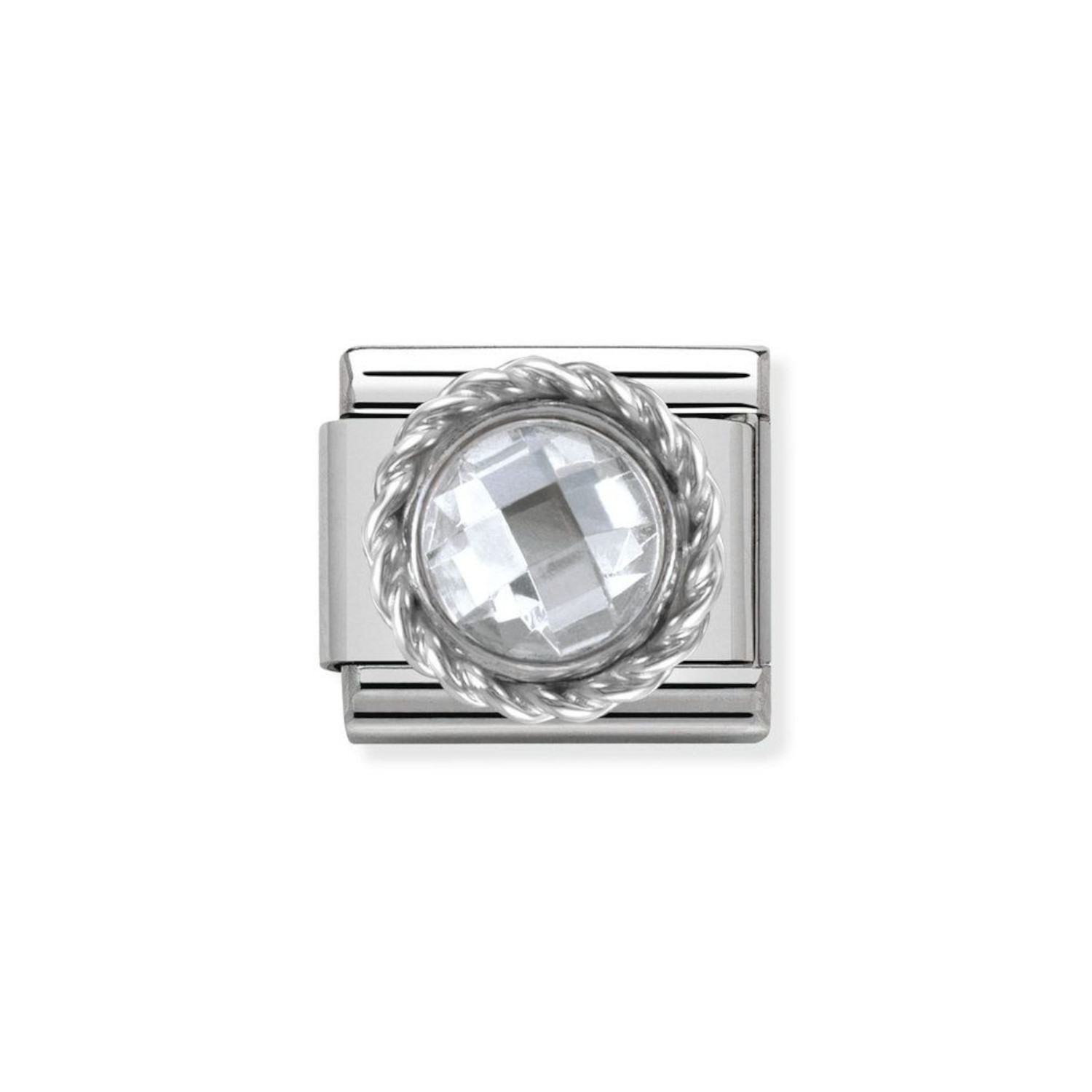 NOMINATION COMPOSABLE CLASSIC LINK IN STERLING SILVER WITH ROUND FACETED WHITE STONE 330601/010