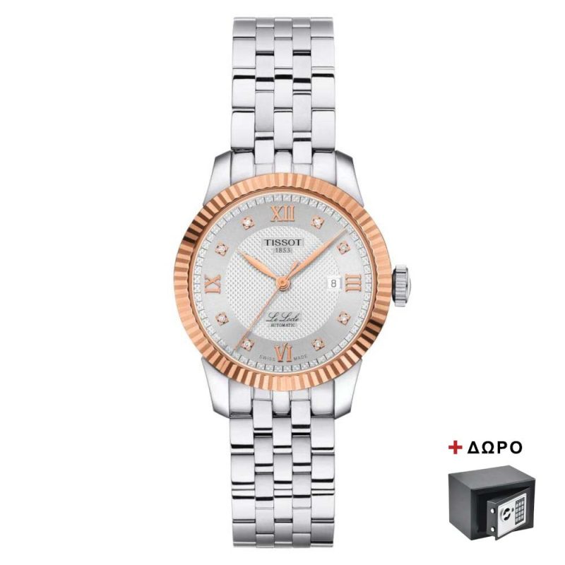 Tissot T-Classic Le Locle Diamonds Automatic Silver Stainless Steel Bracelet and 18K Rose Gold Bezel T9322074103600