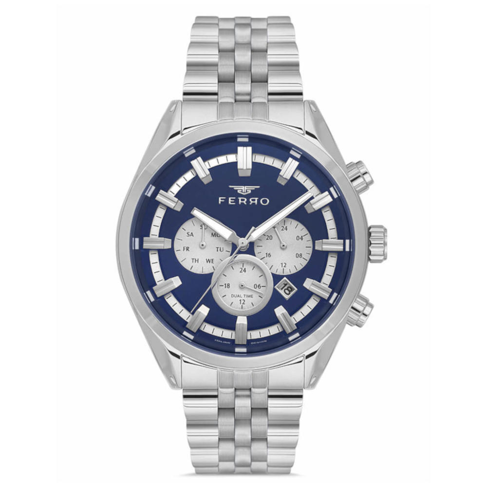 Ferro Dual Time Silver Stainless Steel Bracelet FM11507AWT-A3