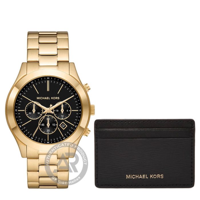 Michael Kors Slim Runway Gold Stainless Steel Bracelet Chronograph Gift Set MK1076