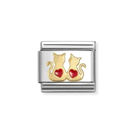 NOMINATION COMPOSABLE CLASSIC LINK DOUBLE RED HEARTS CATS IN 18K GOLD 030285/70