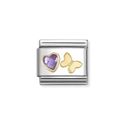 NOMINATION COMPOSABLE CLASSIC LINK PURPLE CZ HEART WITH BUTTERFLY IN 18K GOLD 030613/13